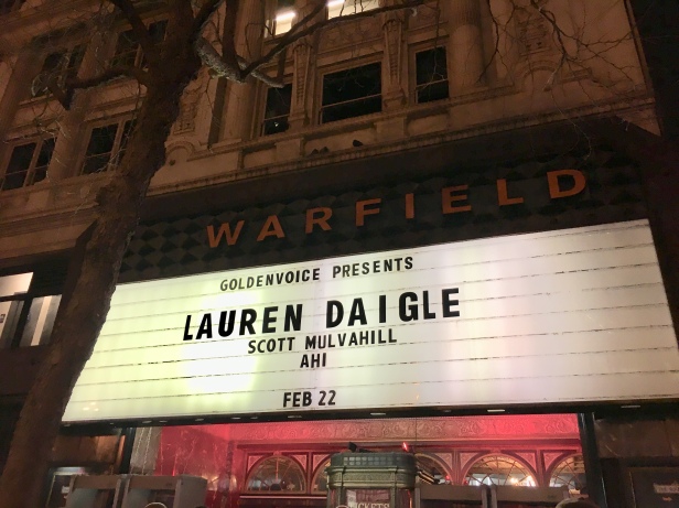 The Warfield Theatre marquee sign for Lauren Daigle concert on February 22