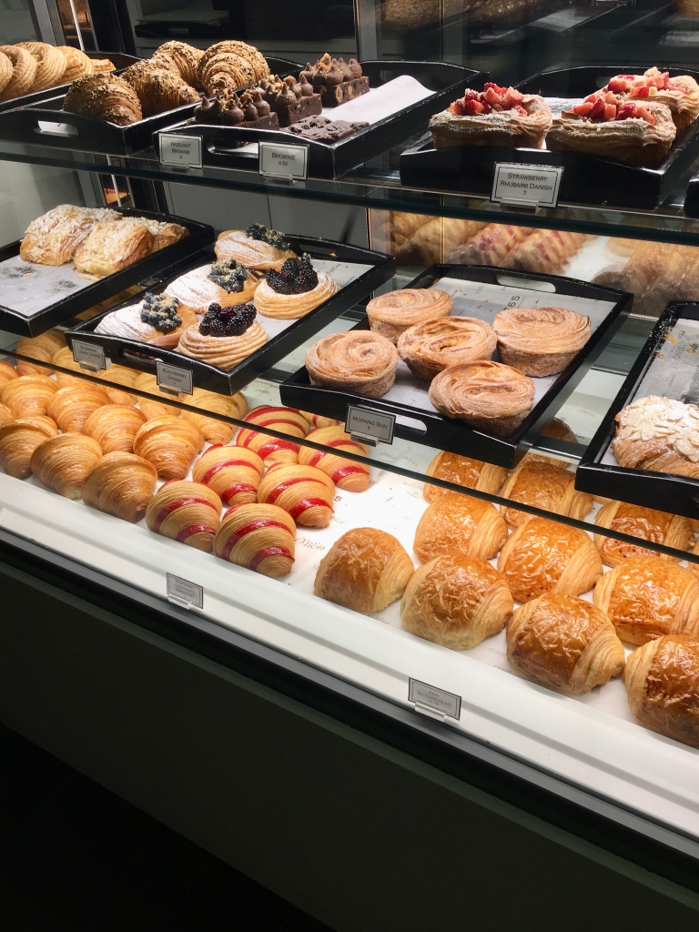 baked goods in a glass display case